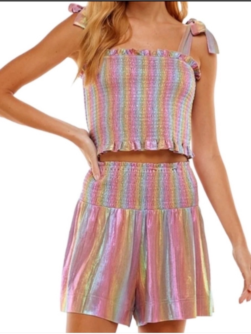 Rainbow Pink Metallic Matching Set Halter Top and Shorts TCEC